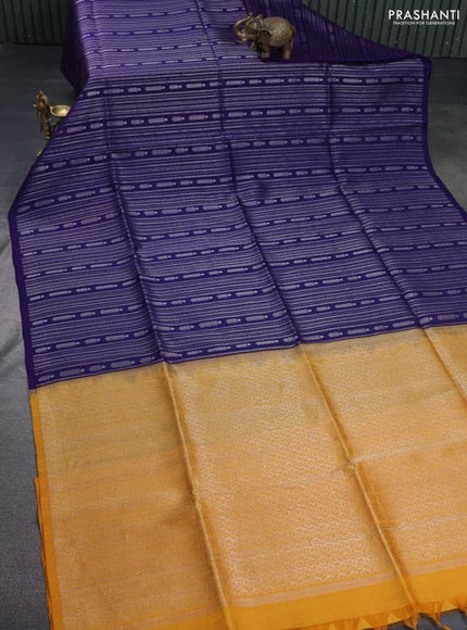 Pure raw silk saree dark blue and yellow with allover silver zari weaves in borderless style