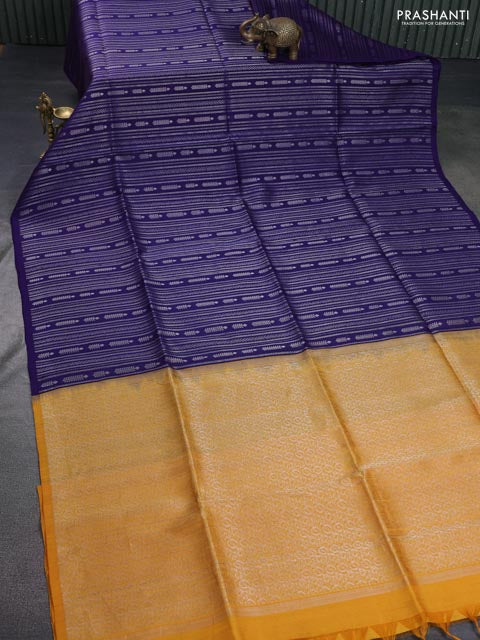 Pure raw silk saree dark blue and yellow with allover silver zari weaves in borderless style