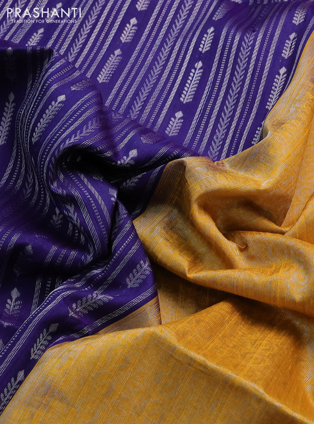 Pure raw silk saree dark blue and yellow with allover silver zari weaves in borderless style