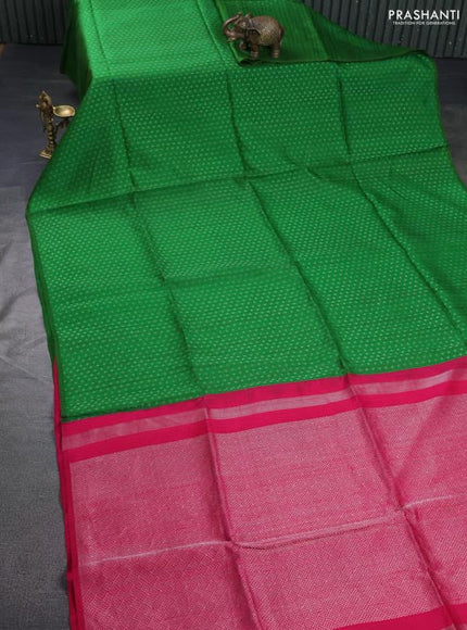 Pure raw silk saree green and pink with allover silver zari woevn 1000 buttas in borderless style
