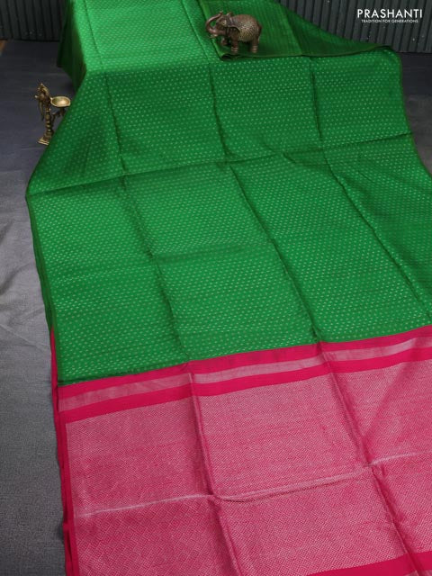 Pure raw silk saree green and pink with allover silver zari woevn 1000 buttas in borderless style