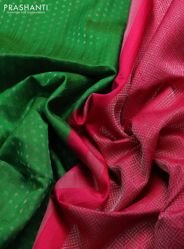 Pure raw silk saree green and pink with allover silver zari woevn 1000 buttas in borderless style