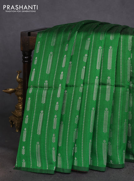 Pure raw silk saree green and pink with allover silver zari weaves in borderless style