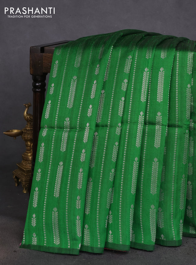 Pure raw silk saree green and pink with allover silver zari weaves in borderless style