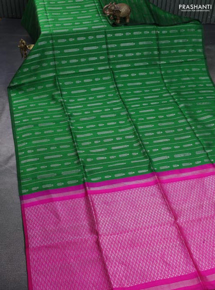 Pure raw silk saree green and pink with allover silver zari weaves in borderless style