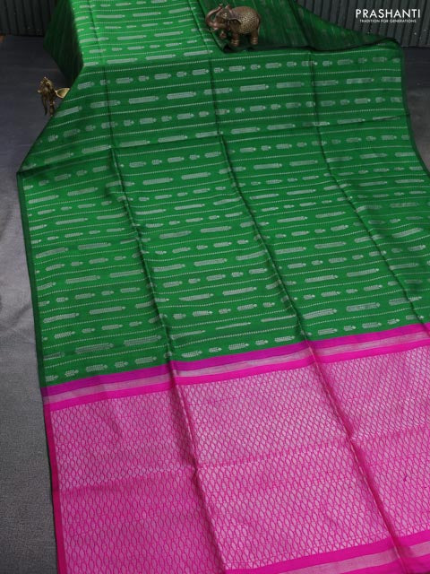 Pure raw silk saree green and pink with allover silver zari weaves in borderless style