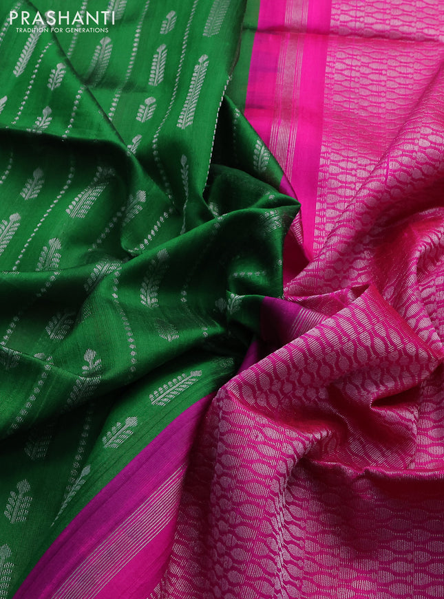 Pure raw silk saree green and pink with allover silver zari weaves in borderless style