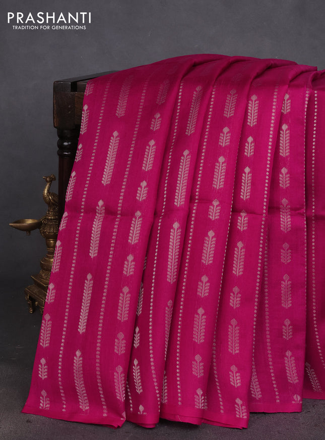 Pure raw silk saree wine shade and blue with allover silver zari weaves in borderless style