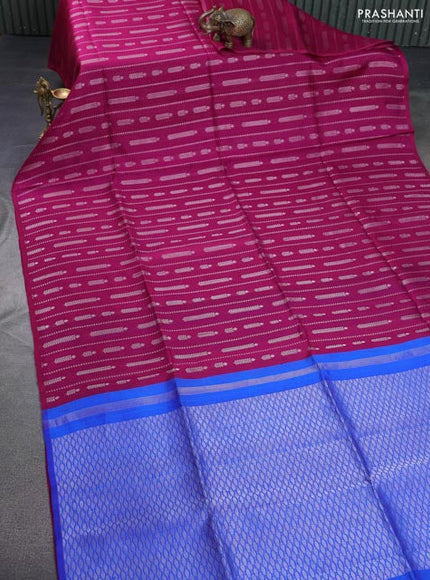 Pure raw silk saree wine shade and blue with allover silver zari weaves in borderless style