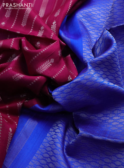 Pure raw silk saree wine shade and blue with allover silver zari weaves in borderless style