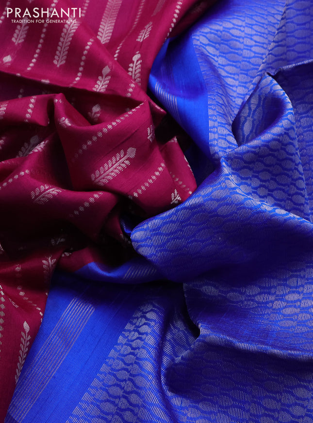 Pure raw silk saree wine shade and blue with allover silver zari weaves in borderless style