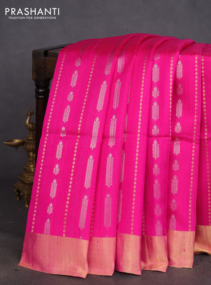 Pure raw silk saree pink and orange with allover silver & gold zari weaves and zari woven border