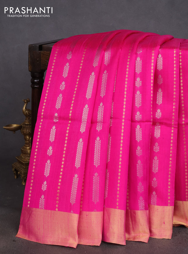Pure raw silk saree pink and orange with allover silver & gold zari weaves and zari woven border