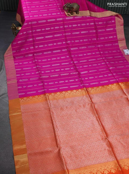 Pure raw silk saree pink and orange with allover silver & gold zari weaves and zari woven border