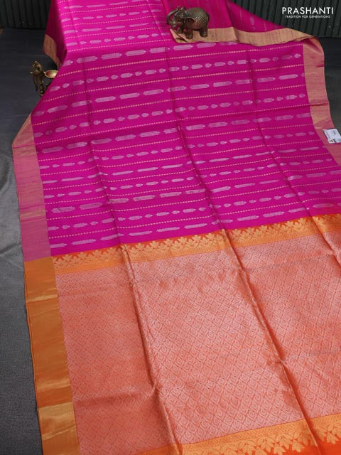 Pure raw silk saree pink and orange with allover silver & gold zari weaves and zari woven border