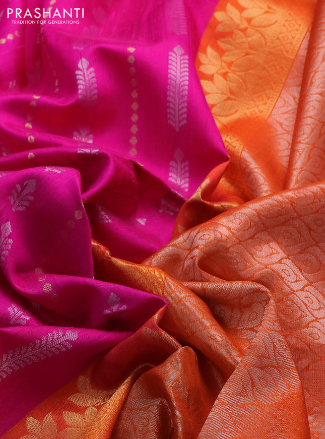 Pure raw silk saree pink and orange with allover silver & gold zari weaves and zari woven border