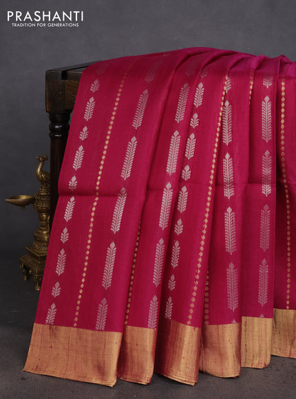 Pure raw silk saree dark magenta pink and orange with allover silver & gold zari weaves and zari woven border