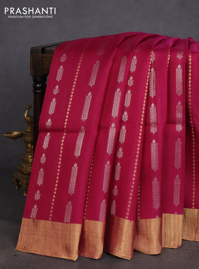 Pure raw silk saree dark magenta pink and orange with allover silver & gold zari weaves and zari woven border