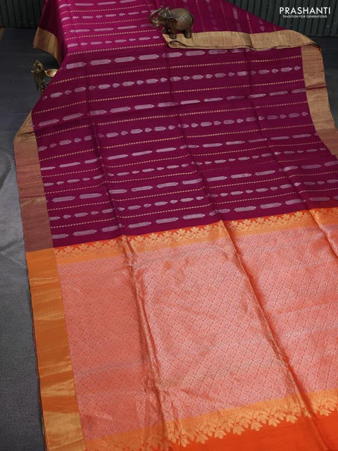 Pure raw silk saree dark magenta pink and orange with allover silver & gold zari weaves and zari woven border
