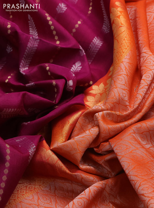 Pure raw silk saree dark magenta pink and orange with allover silver & gold zari weaves and zari woven border