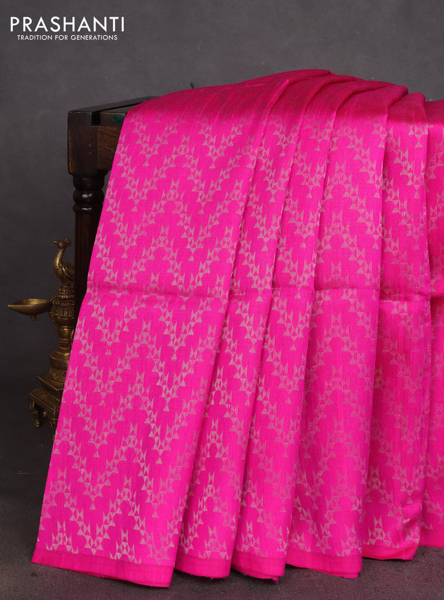 Pure raw silk saree pink and teal green with allover silver zari weaves in borderless style