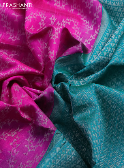 Pure raw silk saree pink and teal green with allover silver zari weaves in borderless style