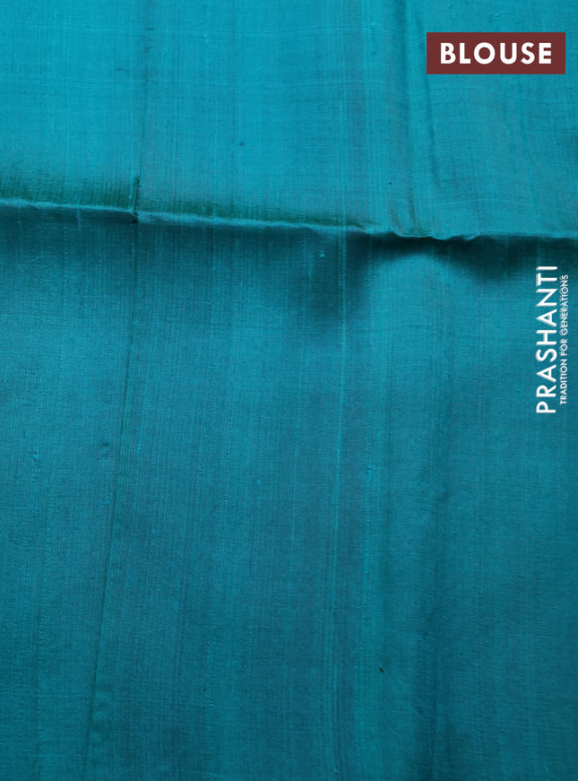 Pure raw silk saree pink and teal green with allover silver zari weaves in borderless style