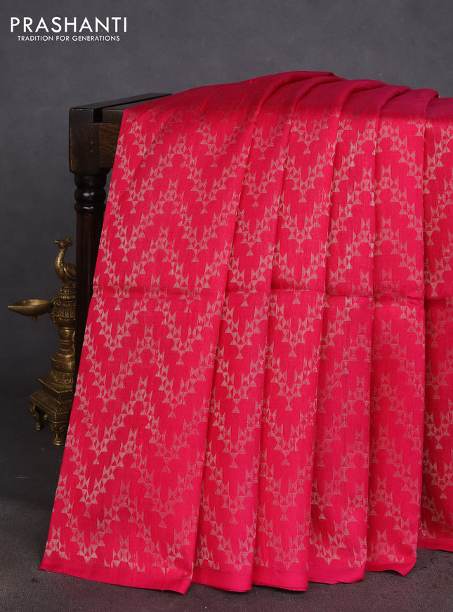 Pure raw silk saree pink and green with allover silver zari weaves in borderless style