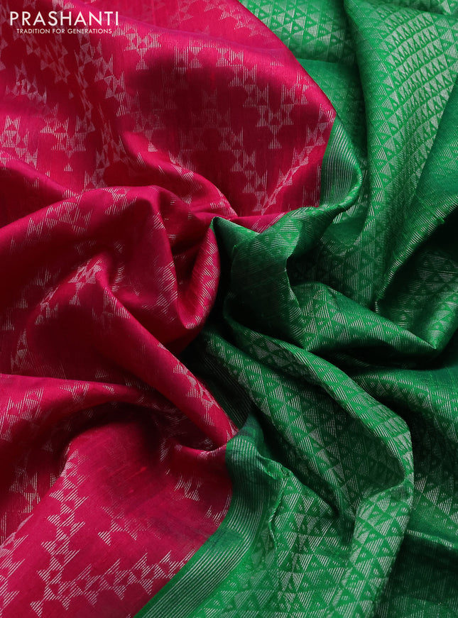 Pure raw silk saree pink and green with allover silver zari weaves in borderless style