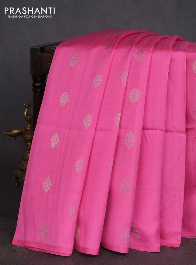 Pure raw silk saree light pink and teal blue with silver zari woven buttas in borderless style