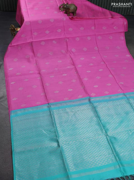 Pure raw silk saree light pink and teal blue with silver zari woven buttas in borderless style