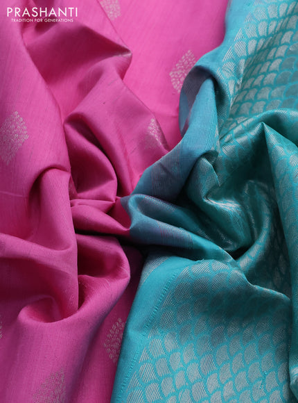 Pure raw silk saree light pink and teal blue with silver zari woven buttas in borderless style