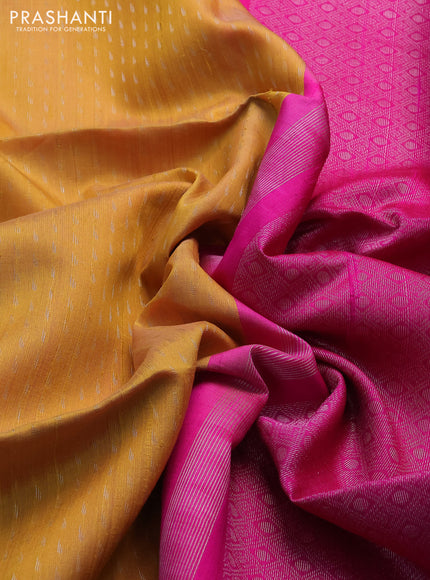 Pure raw silk saree yellow and pink with allover silver zari weaves in borderless style