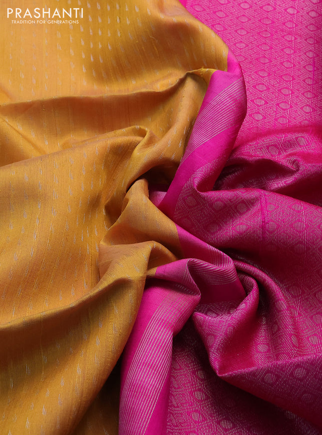 Pure raw silk saree yellow and pink with allover silver zari weaves in borderless style
