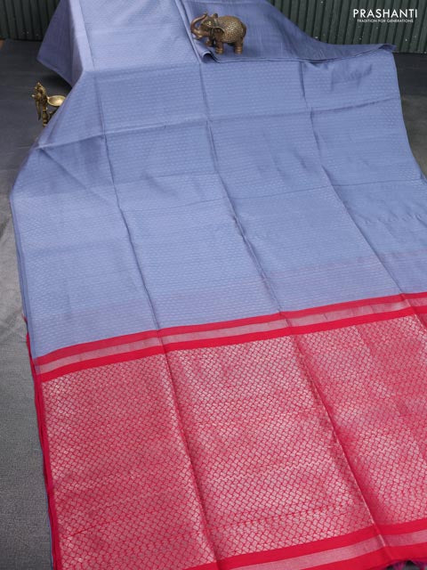 Pure raw silk saree bluish grey and reddish pink with allover silver zari weaves in borderless style