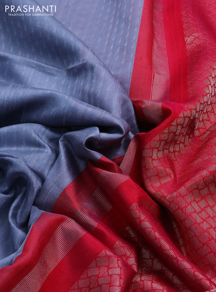 Pure raw silk saree bluish grey and reddish pink with allover silver zari weaves in borderless style