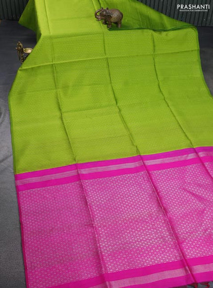 Pure raw silk saree light green and pink with allover silver zari weaves in borderless style