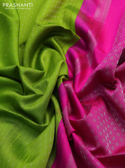 Pure raw silk saree light green and pink with allover silver zari weaves in borderless style