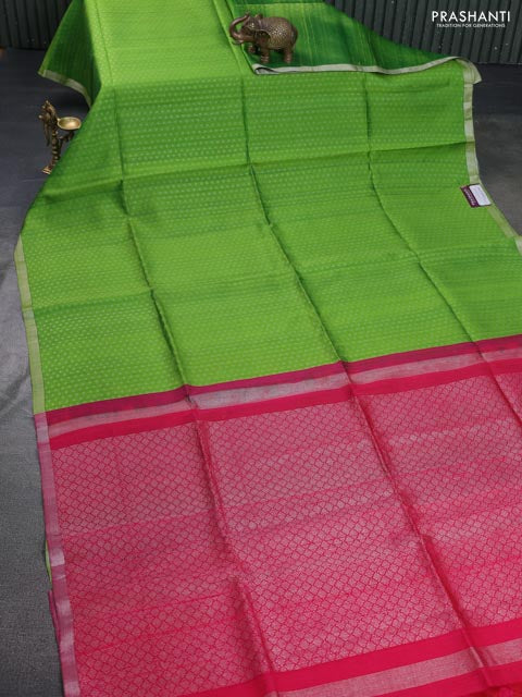 Pure raw silk saree light green and pink with allover silver zari woven 1000 buttas and silver zari woven border