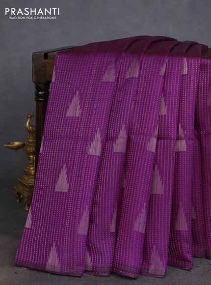 Pure raw silk saree deep purple and pink with allover silver zari weaves in borderless style
