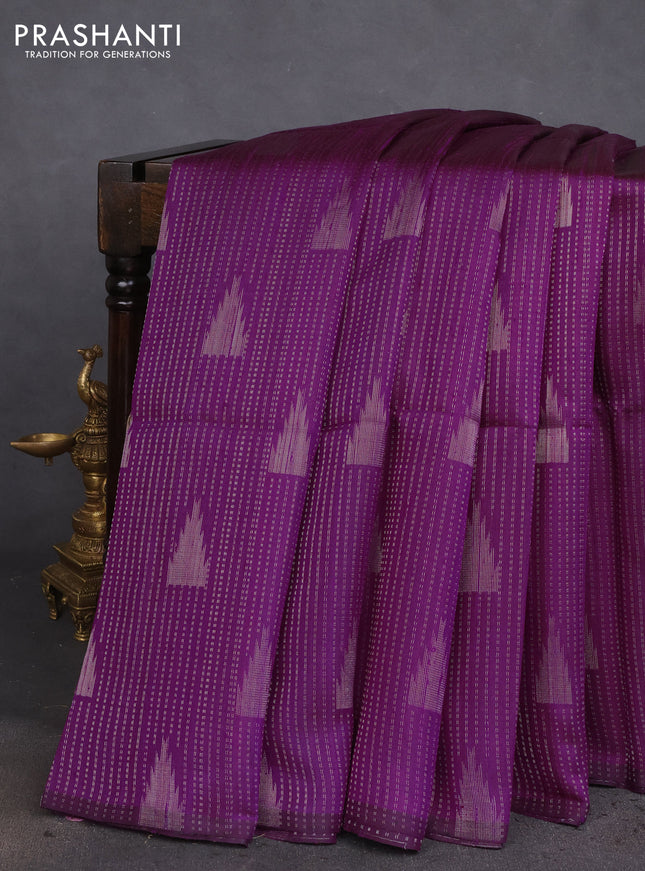 Pure raw silk saree deep purple and pink with allover silver zari weaves in borderless style