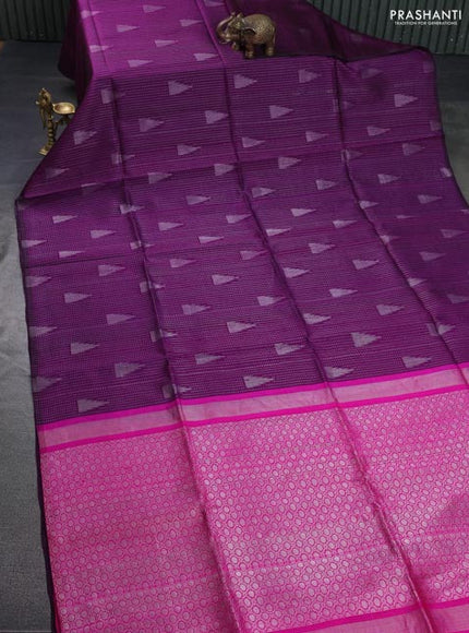 Pure raw silk saree deep purple and pink with allover silver zari weaves in borderless style