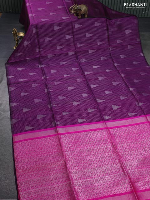 Pure raw silk saree deep purple and pink with allover silver zari weaves in borderless style