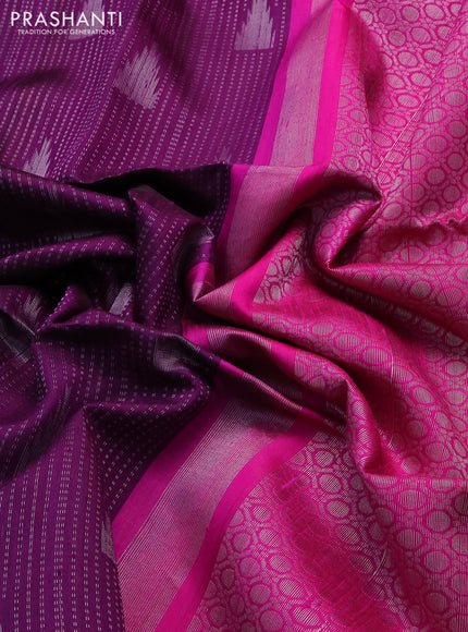 Pure raw silk saree deep purple and pink with allover silver zari weaves in borderless style