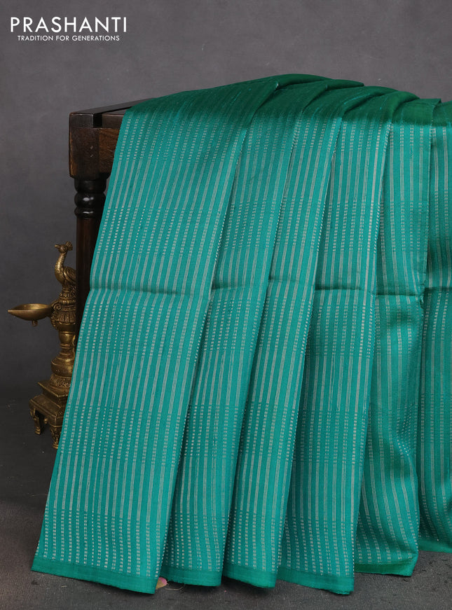Pure raw silk saree green and mustard yellow with allover silver zari weaves in borderless style