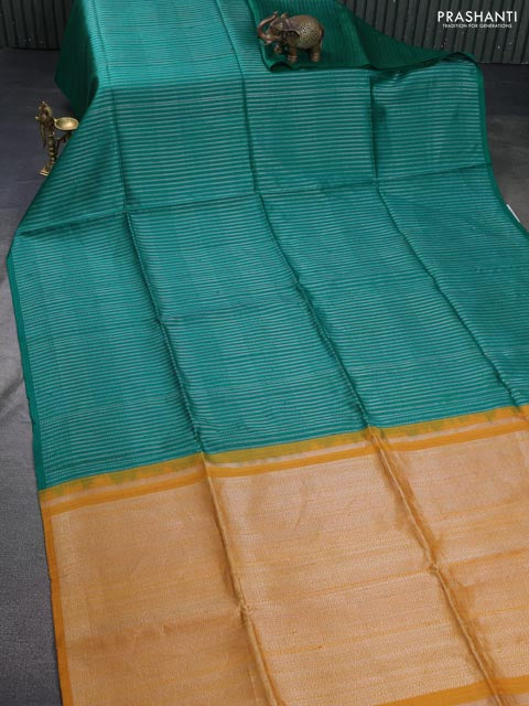 Pure raw silk saree green and mustard yellow with allover silver zari weaves in borderless style