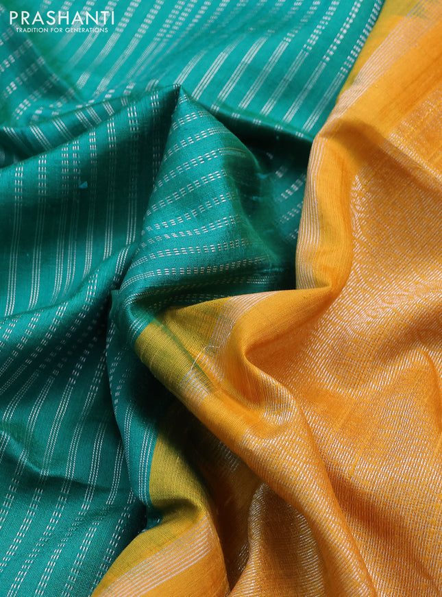 Pure raw silk saree green and mustard yellow with allover silver zari weaves in borderless style