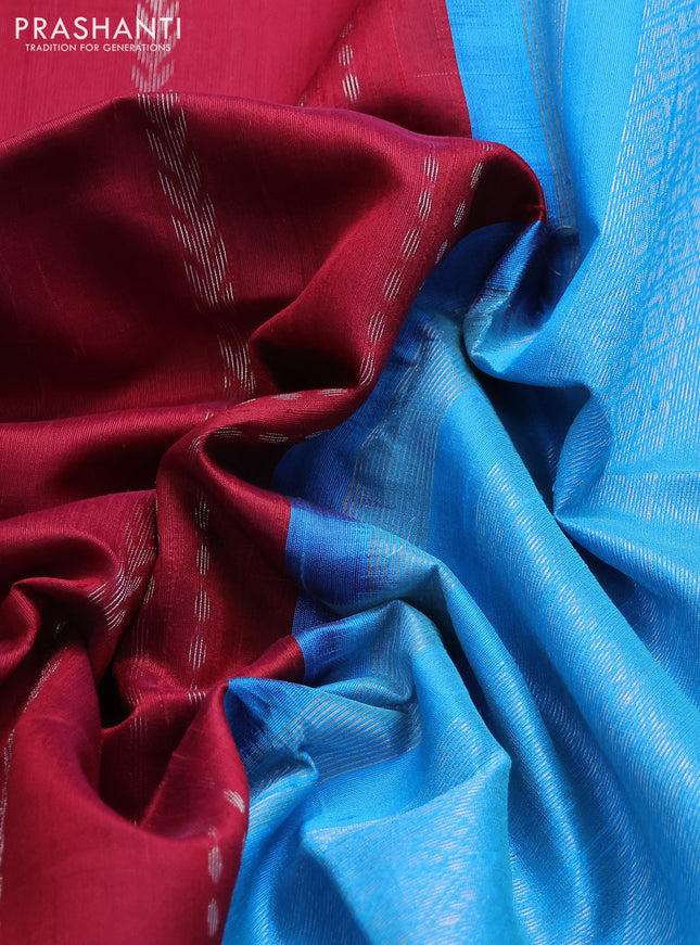 Pure raw silk saree maroon and cs blue with allover silver zari weaves and silver zari woven border