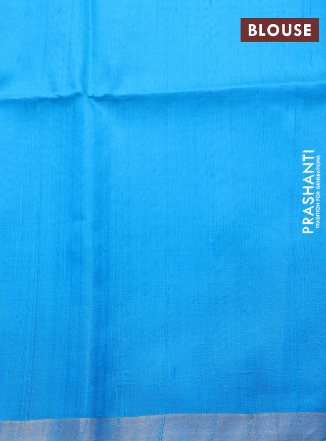 Pure raw silk saree maroon and cs blue with allover silver zari weaves and silver zari woven border