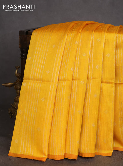 Pure raw silk saree yellow and dark pink with allover silver zari weaves in borderless style